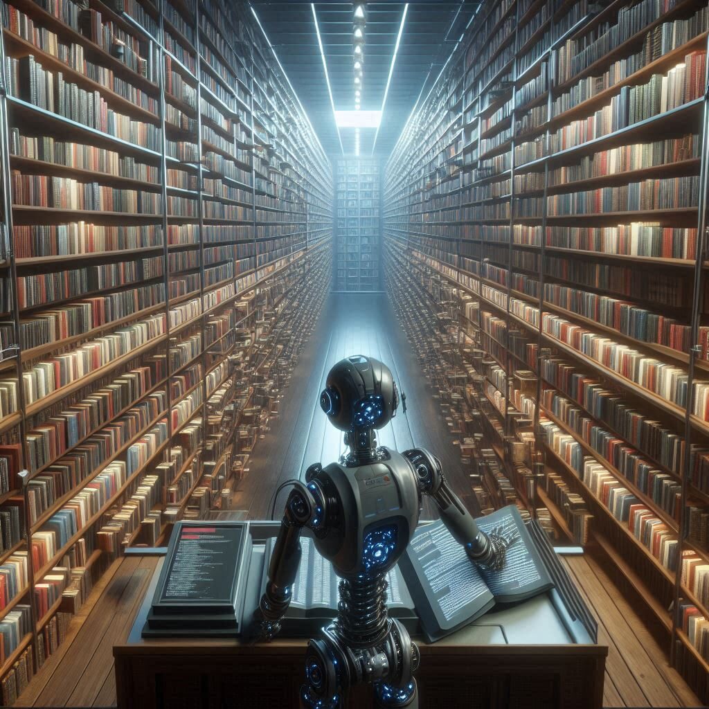 An endless library with books that float to readers on command, overseen by a robotic librarian